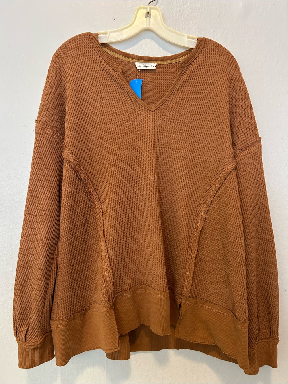 Waffle-Knit V-Neck Sweater in Brown by In Loom